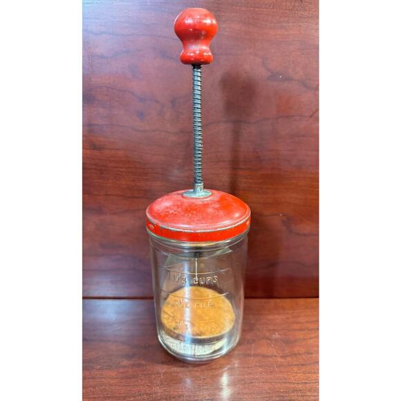 Antique Red Handle Hazel Atlas Glass Jar Chopper Measuring Cup - Picture 1 of 7